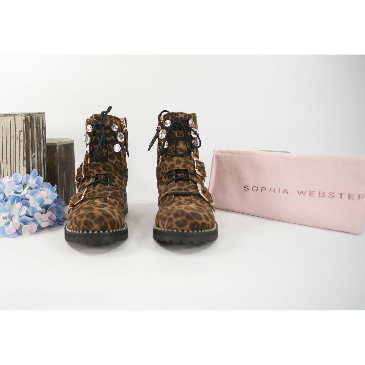 Sophia Webster Ziggy Leopard Suede Crystal Lug Sole Hiking Boots Size 37 NIB