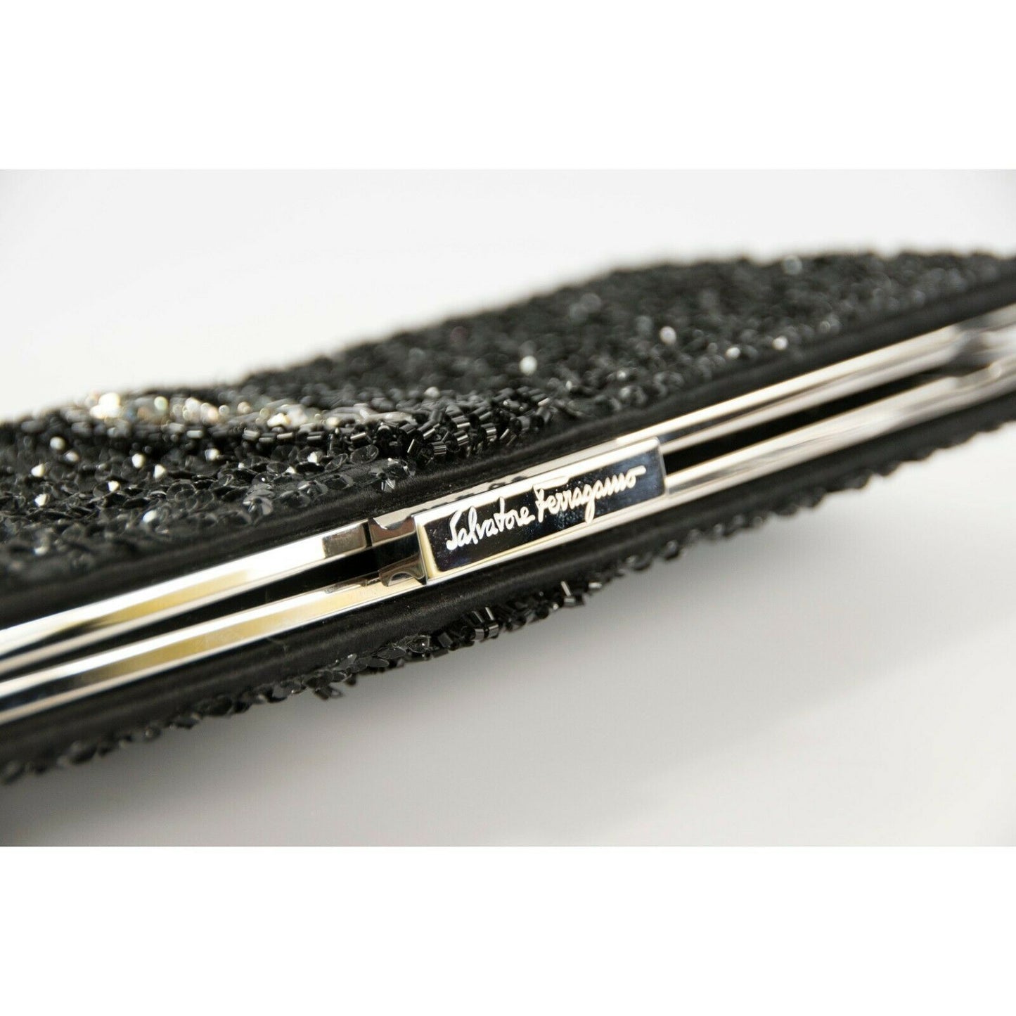 Salvatore Ferragamo Kameron Black Silver Framed Beaded Jewel Clutch Bag $2590