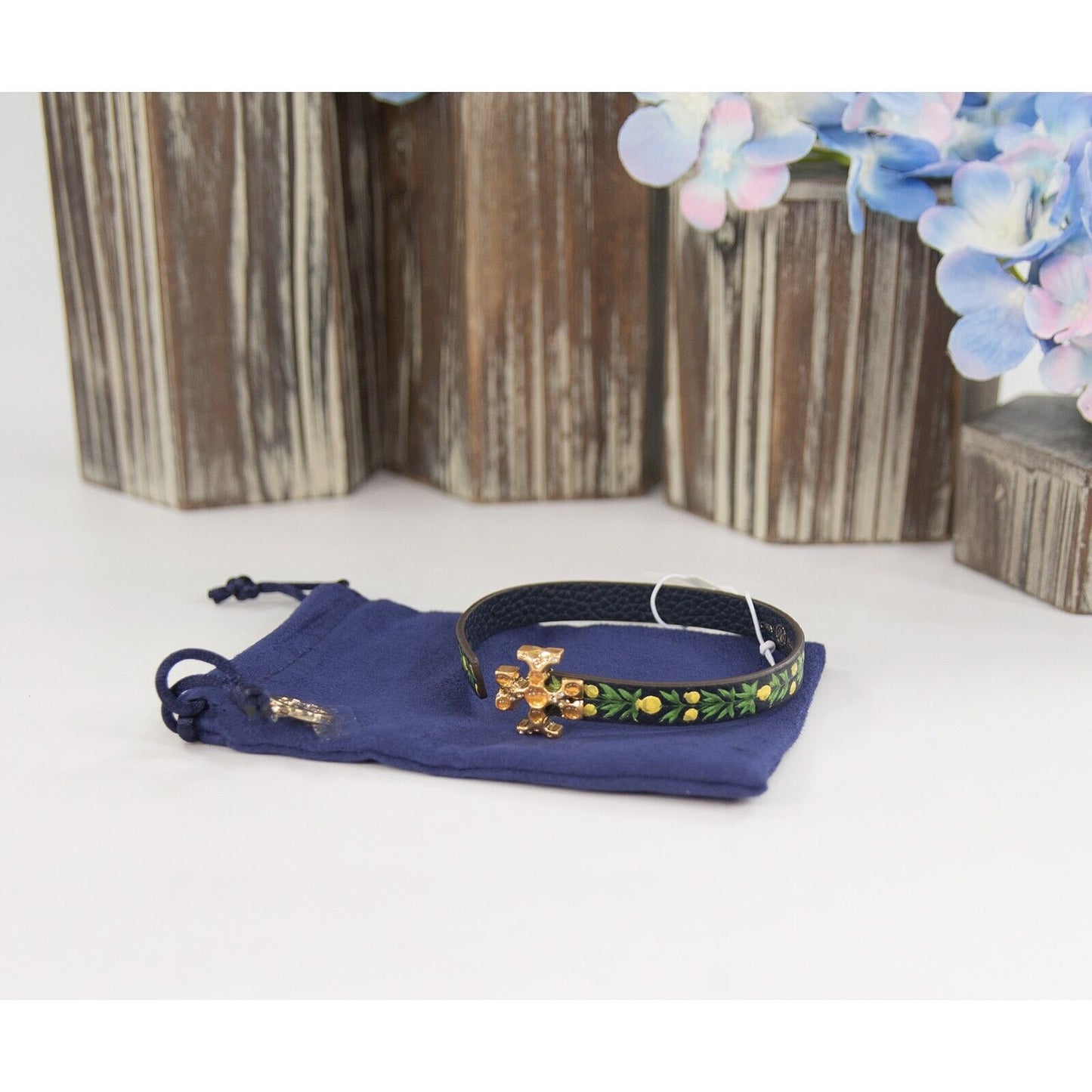 Tory Burch Roxanne Jeweled Floral Painted Leather Wrap Bracelet NWT