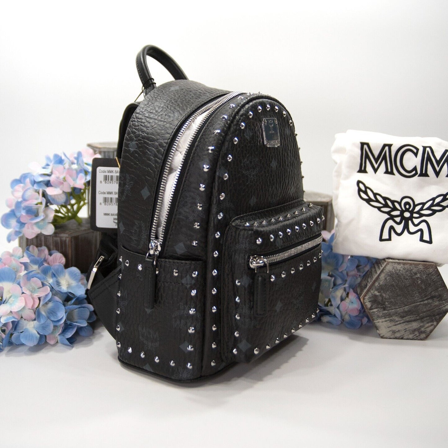 MCM Black Studded Viisetos Leather Backpack Book Bag NWT