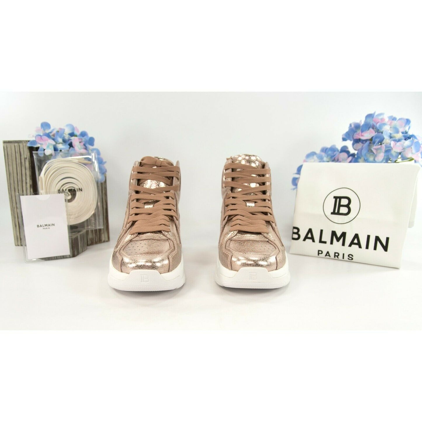 Balmain Rose Gold B-Ball High Top Leather Sneakers 38 NIB