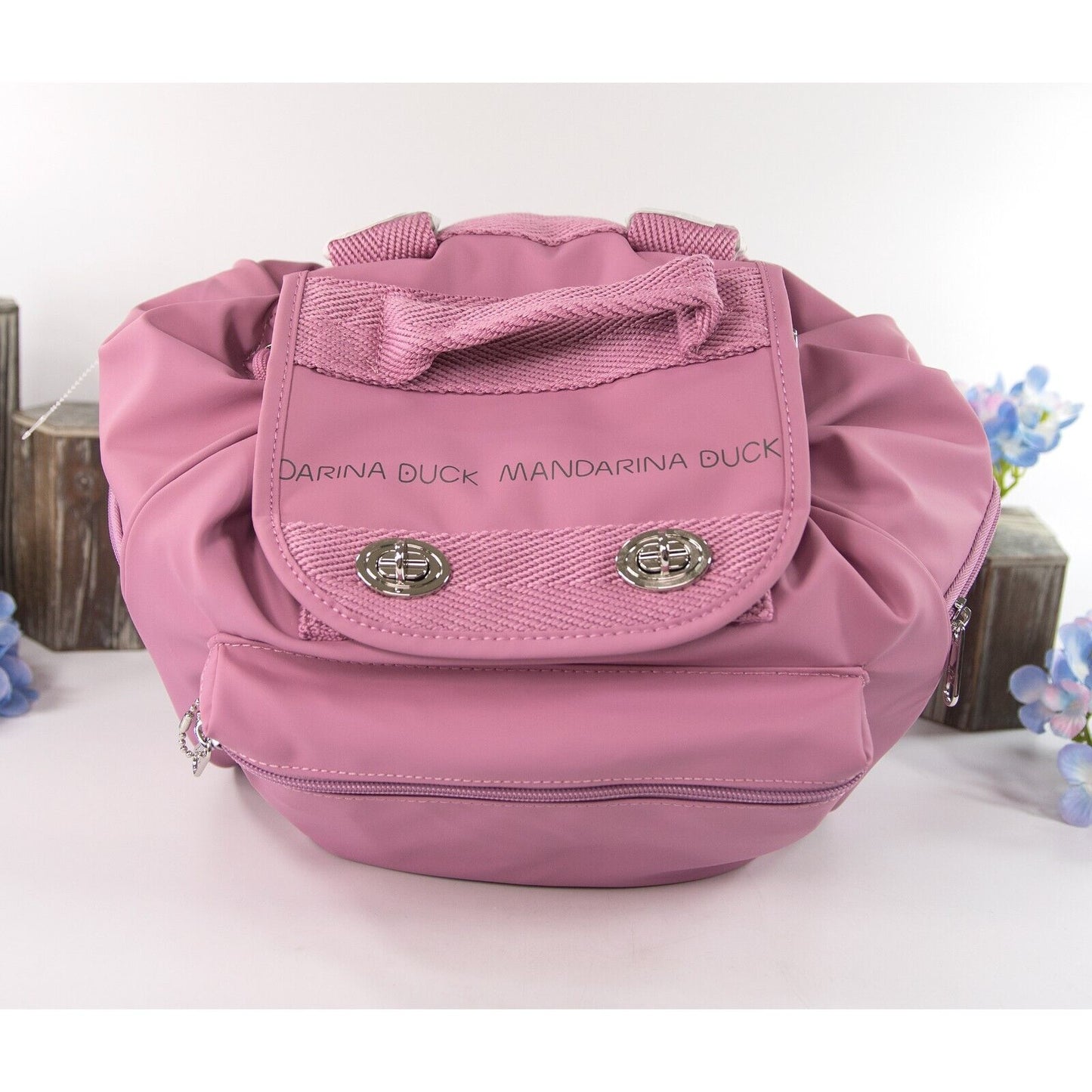 Mandarina Duck Mauve Pink Drawstring Utility Large Backpack Book Bag NWT