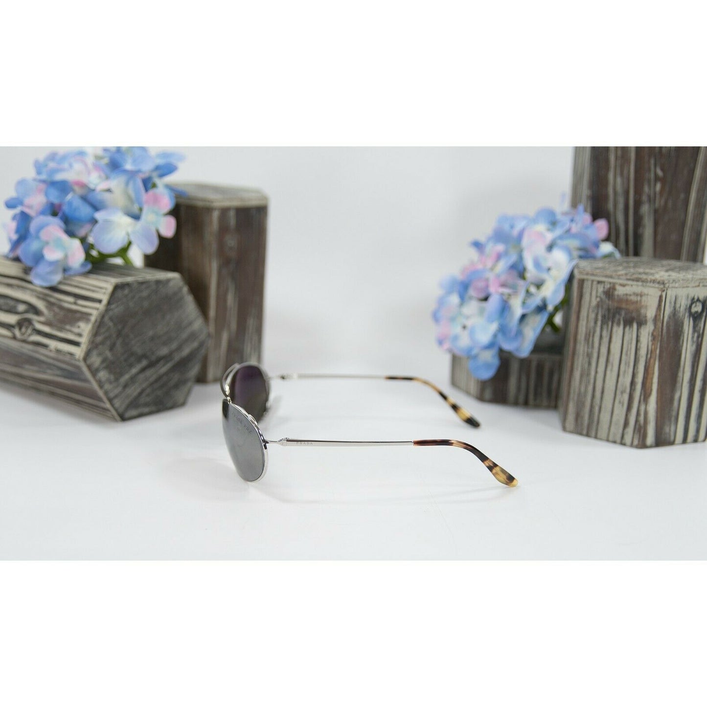 Prada SPR 66V Silver Thin Frame Polarized Metal Aviator Logo Sunglasses NWT Case
