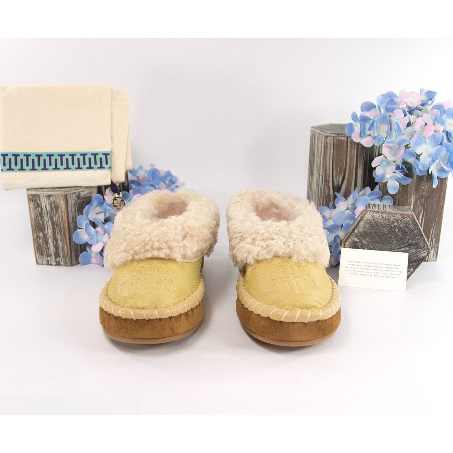 Tory Burch Cornbread Deer Leather Shearling Oversized Slipper Sz 7 NIB