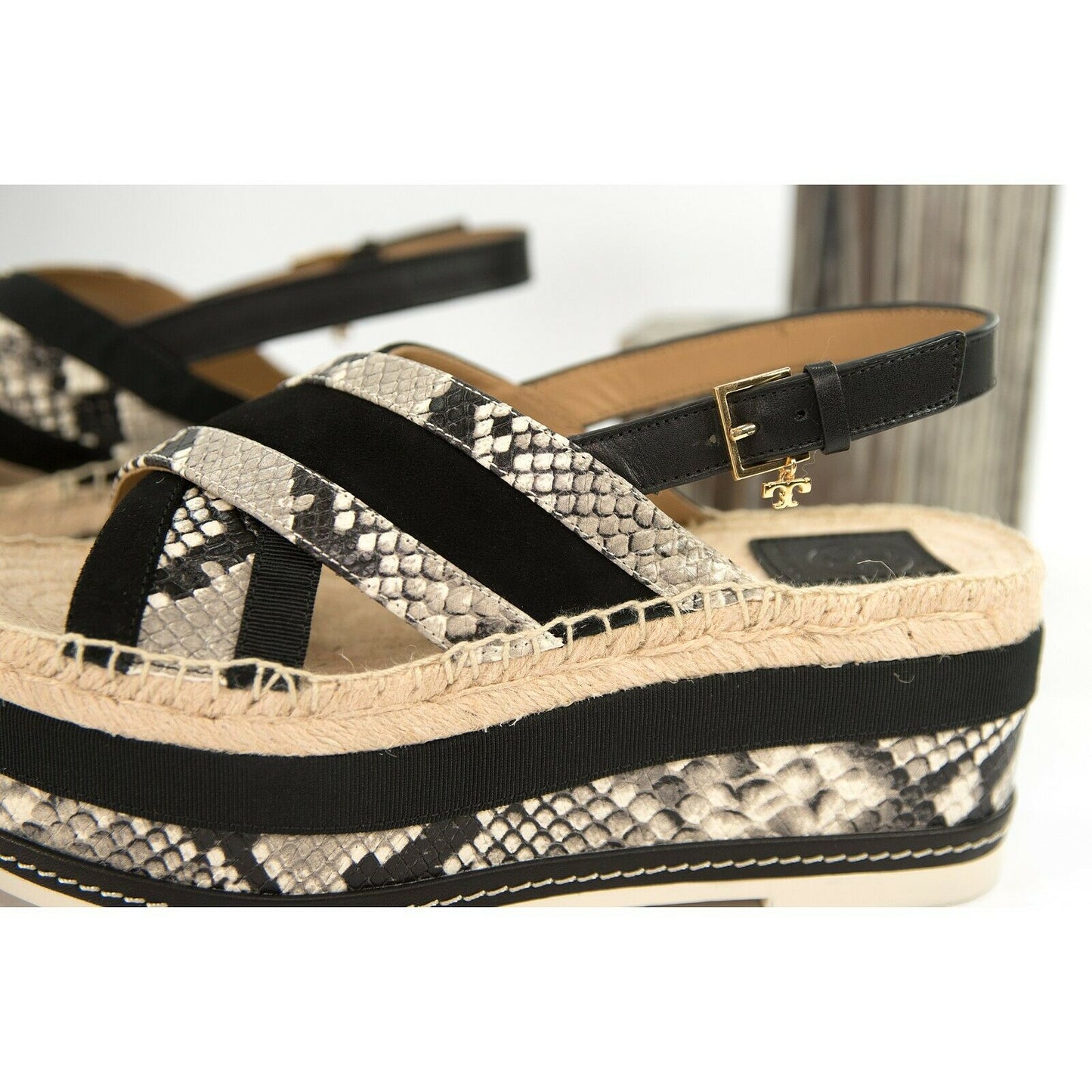 Tory Burch Black Snake Leather Grosgrain 75MM Platform Sandals Size 8 NIB
