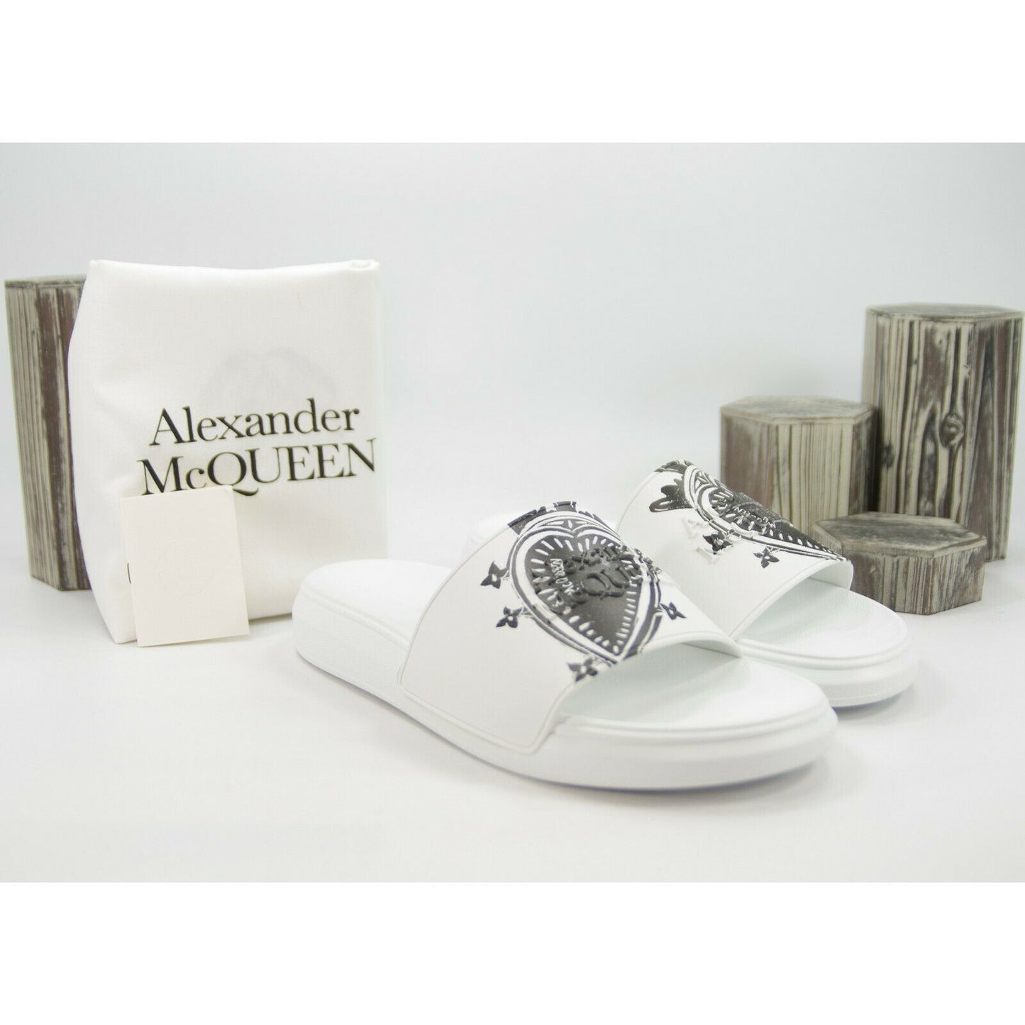 Alexander McQueen Mens White Heart Logo Leather Rubber Pool Slides 45 12 NIB