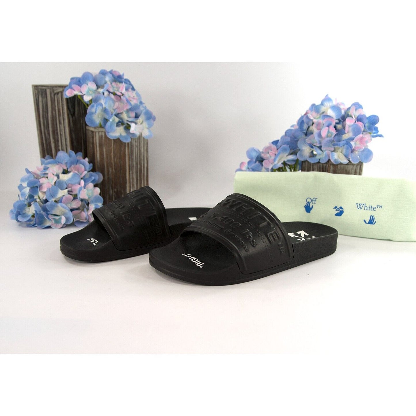Off-White HF Black Embossed Logo Rubber Pool Slides 36 NIB