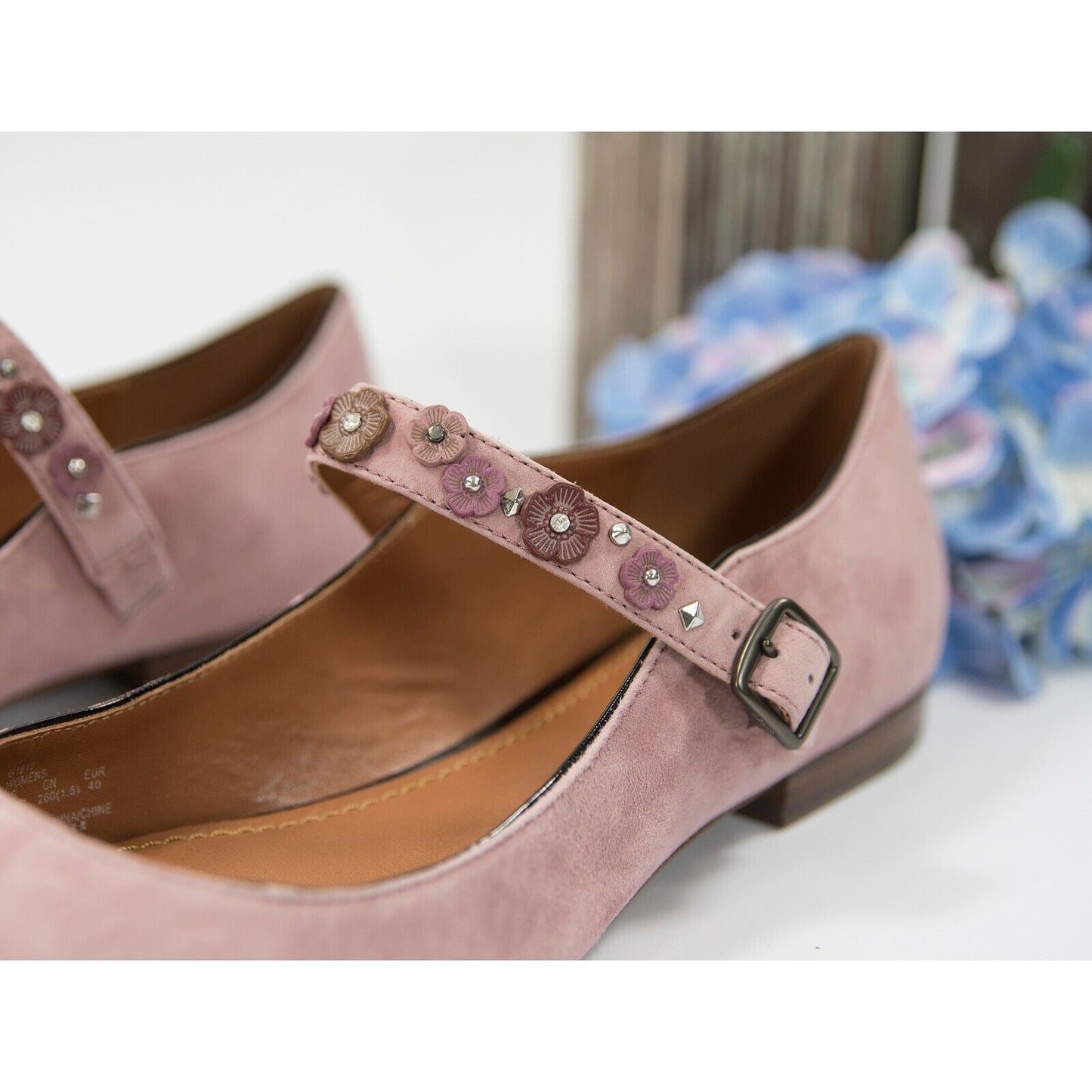 Coach Dusty Rose Flower Stud Suede Leather Mary Jane Flat Size 9.5 NIB
