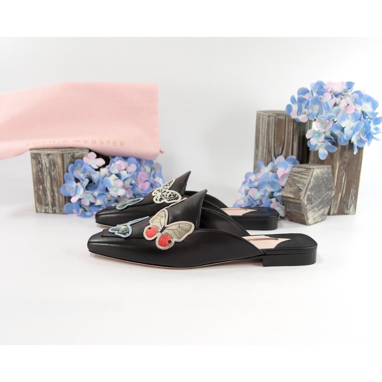 Sophia Webster Black Leather Butterfly Loafer Mule Flats Size 38 NIB