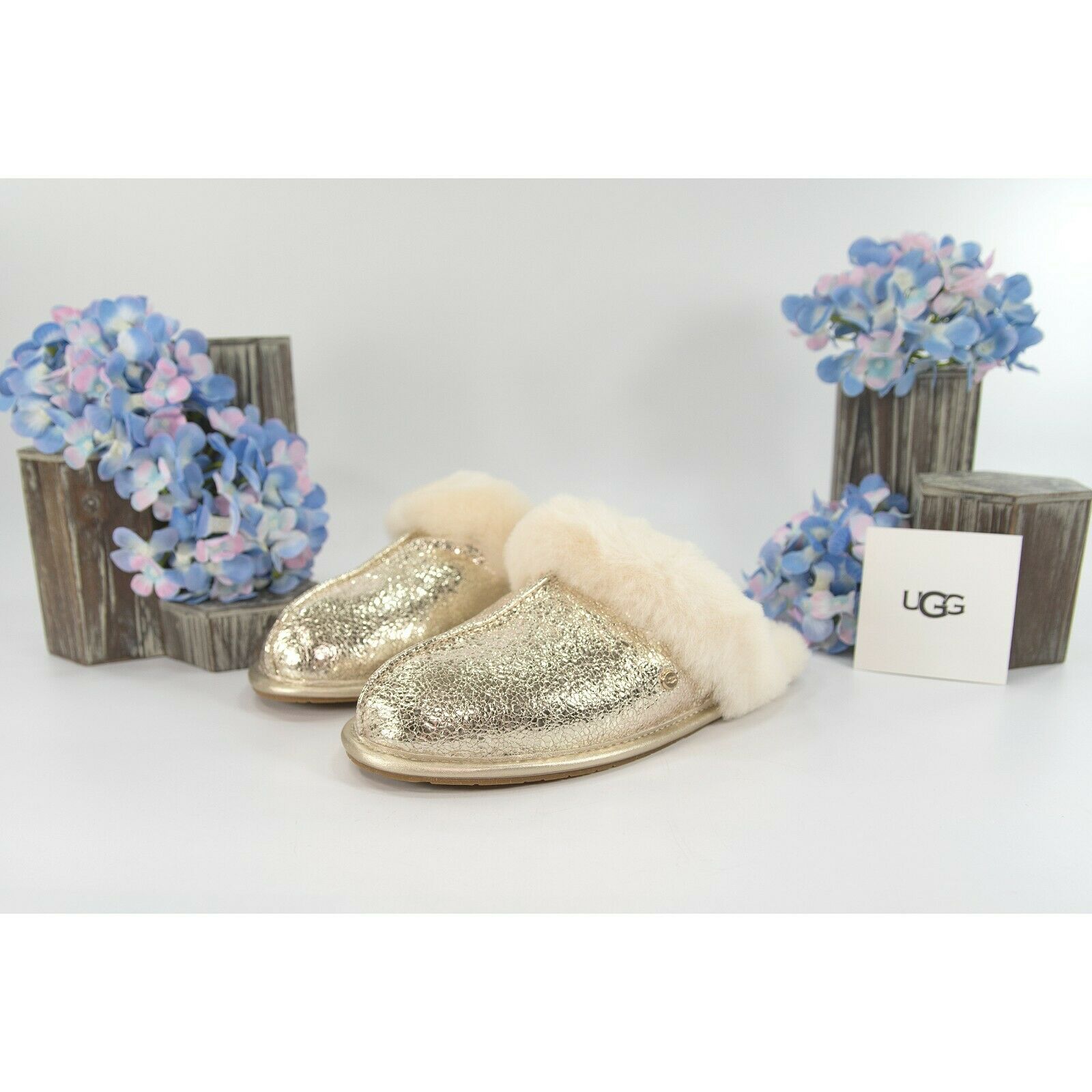 UGG Scuffette Metallic Gold Leather Sheepskin Fur Slippers Slides Size –  Design Her Boutique