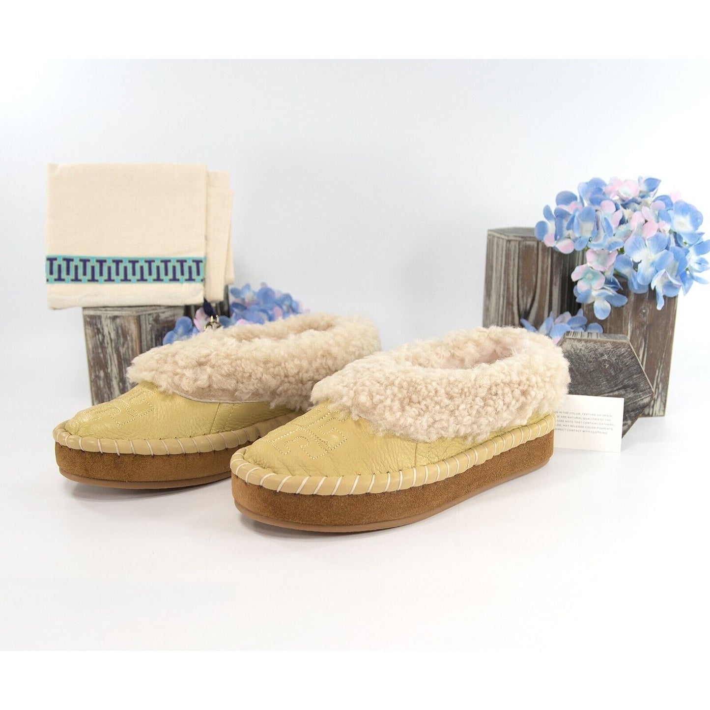 Tory Burch Cornbread Deer Leather Shearling Oversized Slipper Sz 7 NIB