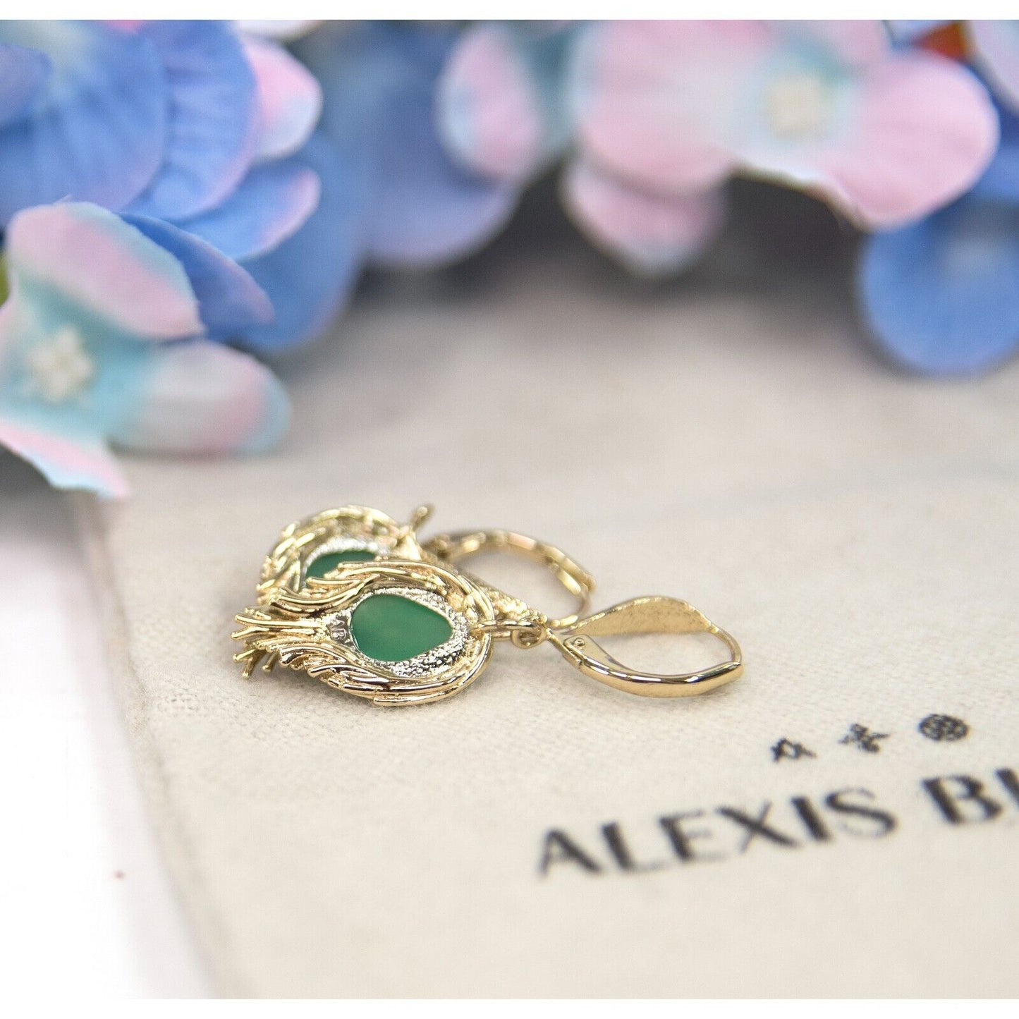 Alexis Bittar Feather Green Chalcedony Crystal Gold Drop Earrings NWT
