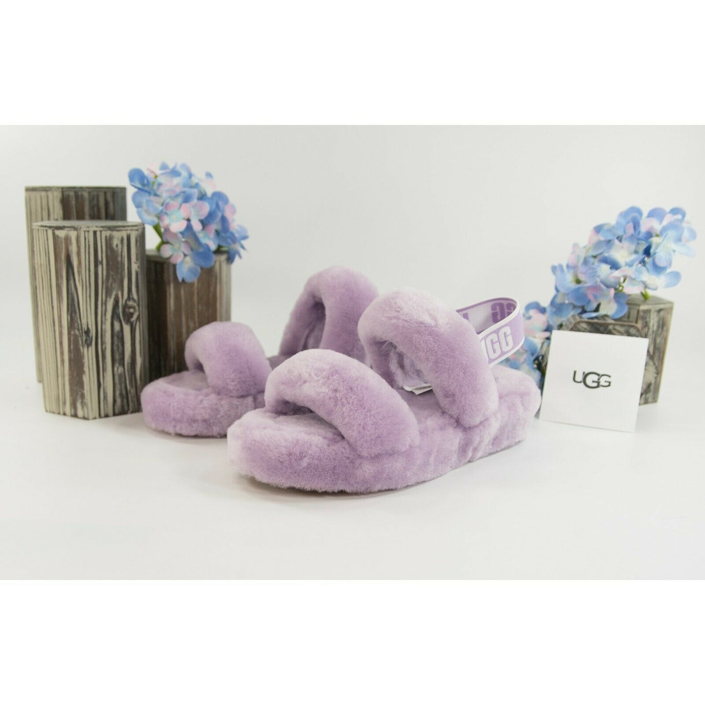 UGG Fluff Oh Yea Lilac Purple Sheepskin Fur Slippers Slides Sandals Sz 8 NIB