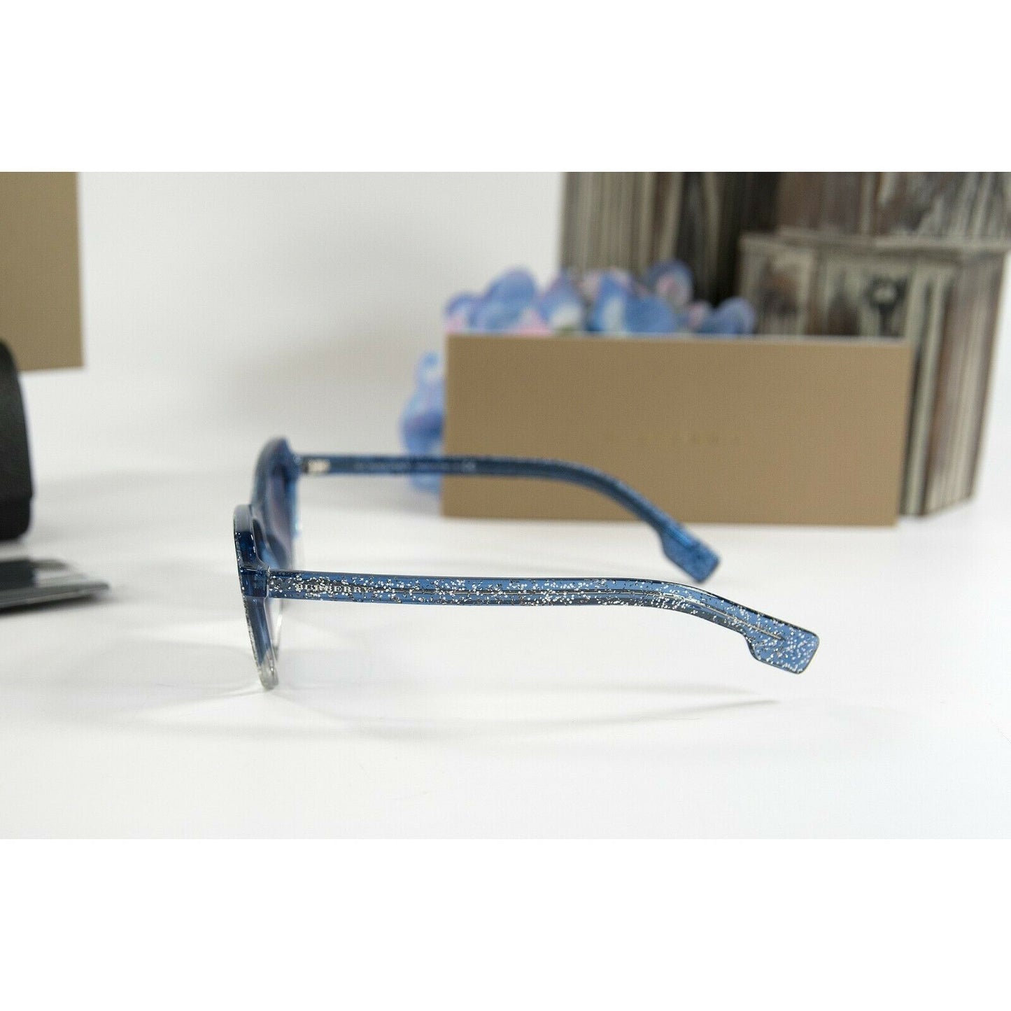 Burberry BE4283 Blue Glitter Acrylic Cat Eye Logo Sunglasses NWT Case