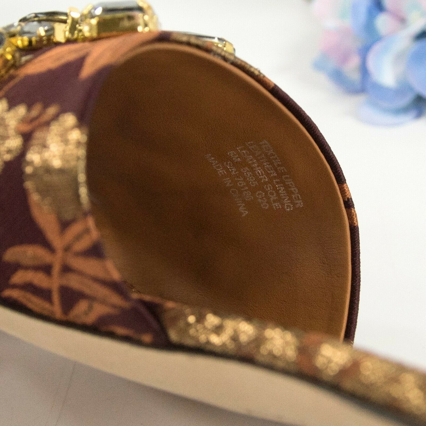 Tory Burch Martine Burgundy Gold Floral Jacquard Jeweled Flats Slides Sz 6 NIB
