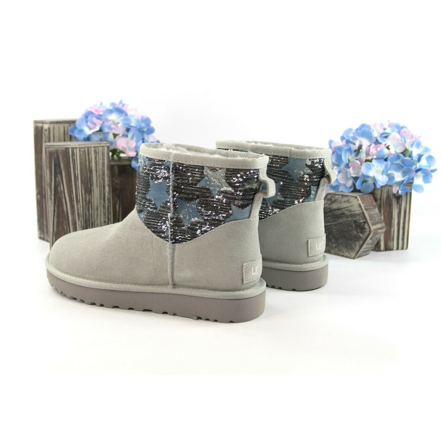 UGG Classic Mini Distressed Stars Sequin Sheepskin Suede Boots Size 7 NWOB