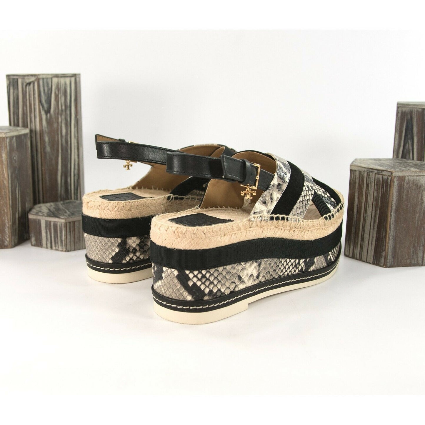 Tory Burch Black Snake Leather Grosgrain 75MM Platform Sandals Size 8 NIB
