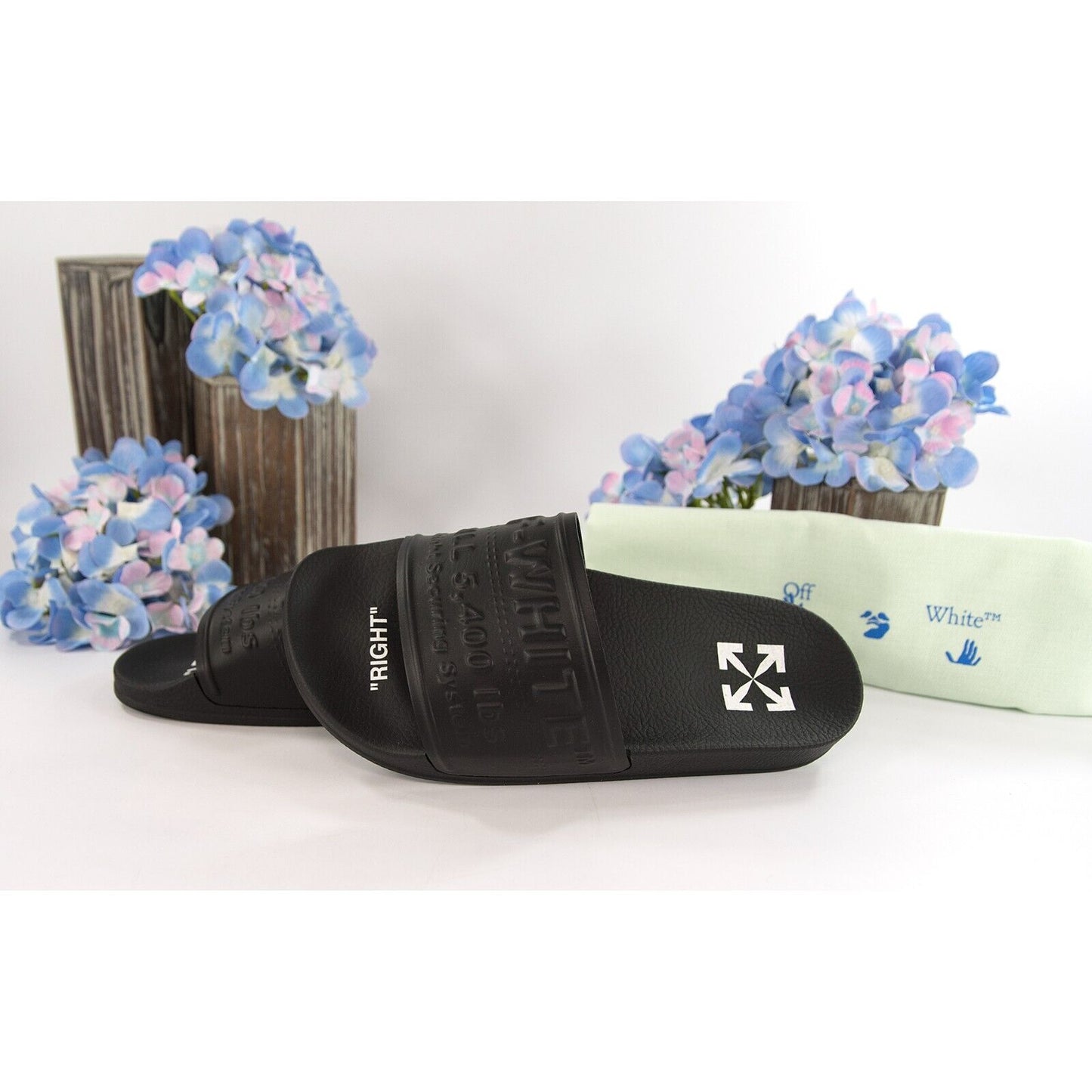 Off-White HF Black Embossed Logo Rubber Pool Slides 36 NIB