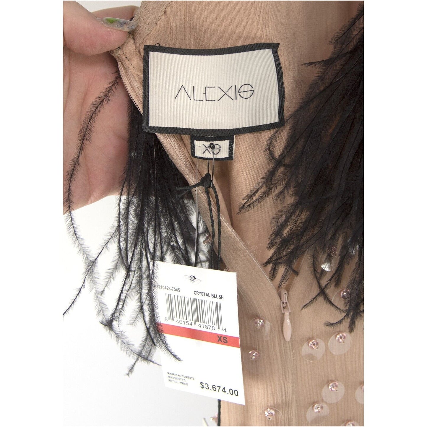 Alexis Kaza Blush Crystal Encrusted Feather Open Back Silk Gown XS NWT $3674