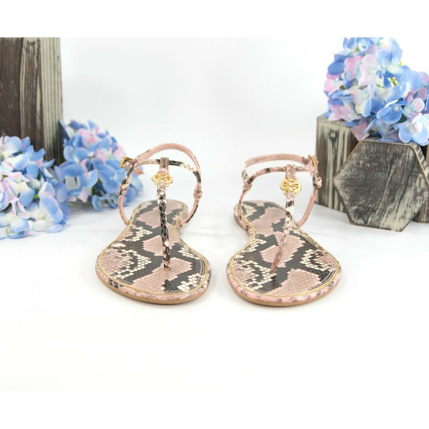 Tory Burch Emmy Misty Rose Snake Leather Strappy Minimal Sandal Size 7.5 NIB