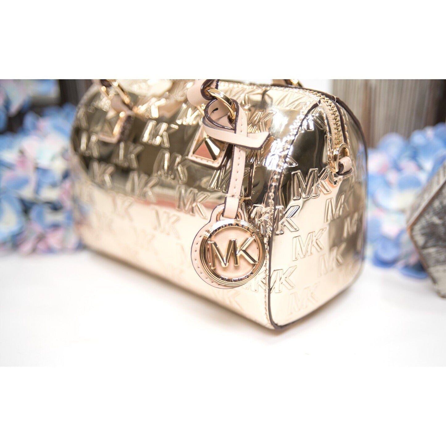 Michael Kors Mirror Metallic Pale Gold Monogram SMALL Duffle Satchel Bag NWT