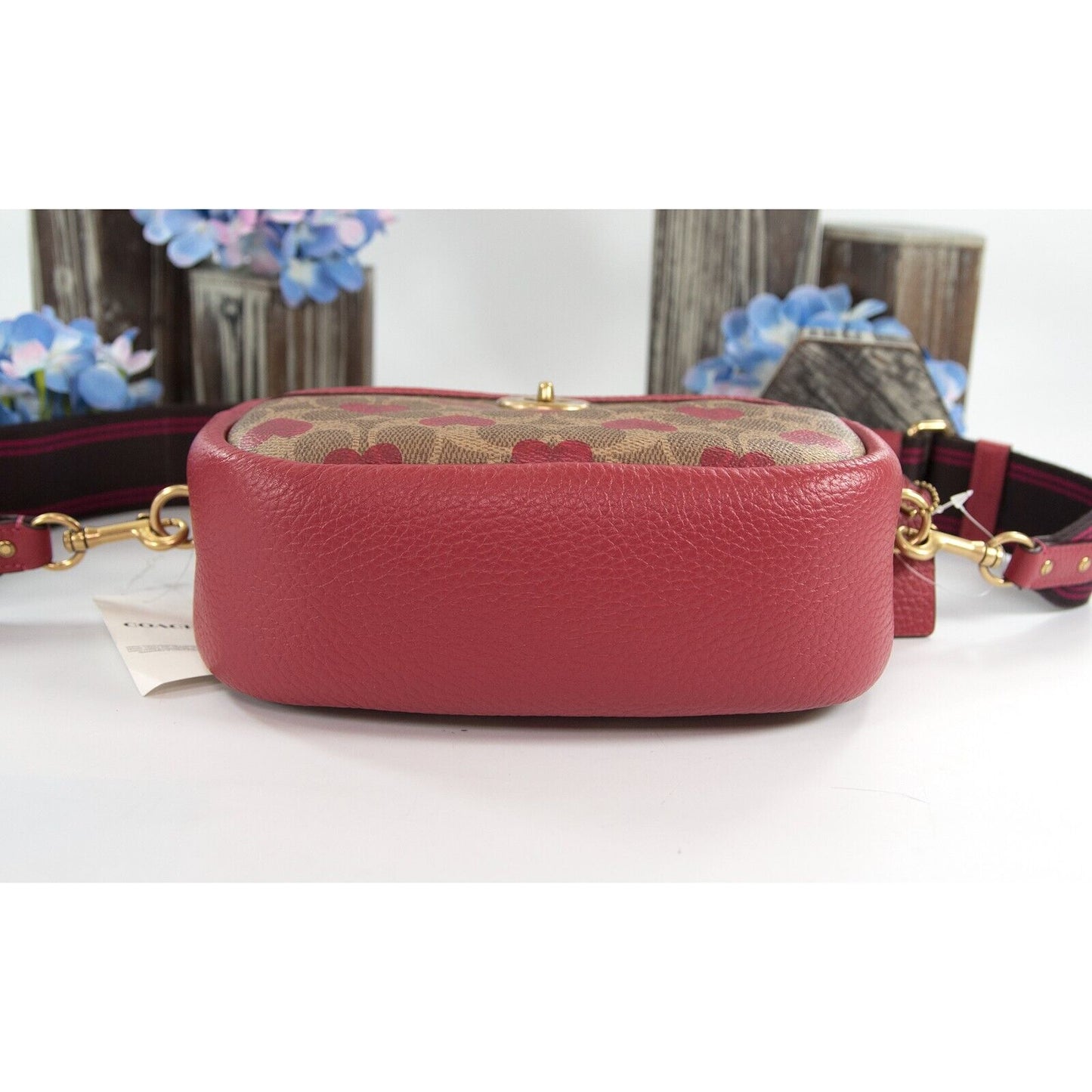 Coach Red LeatherKhaki Signature PVC Camera Guitar Strap Crossbody Bag NWT C8390