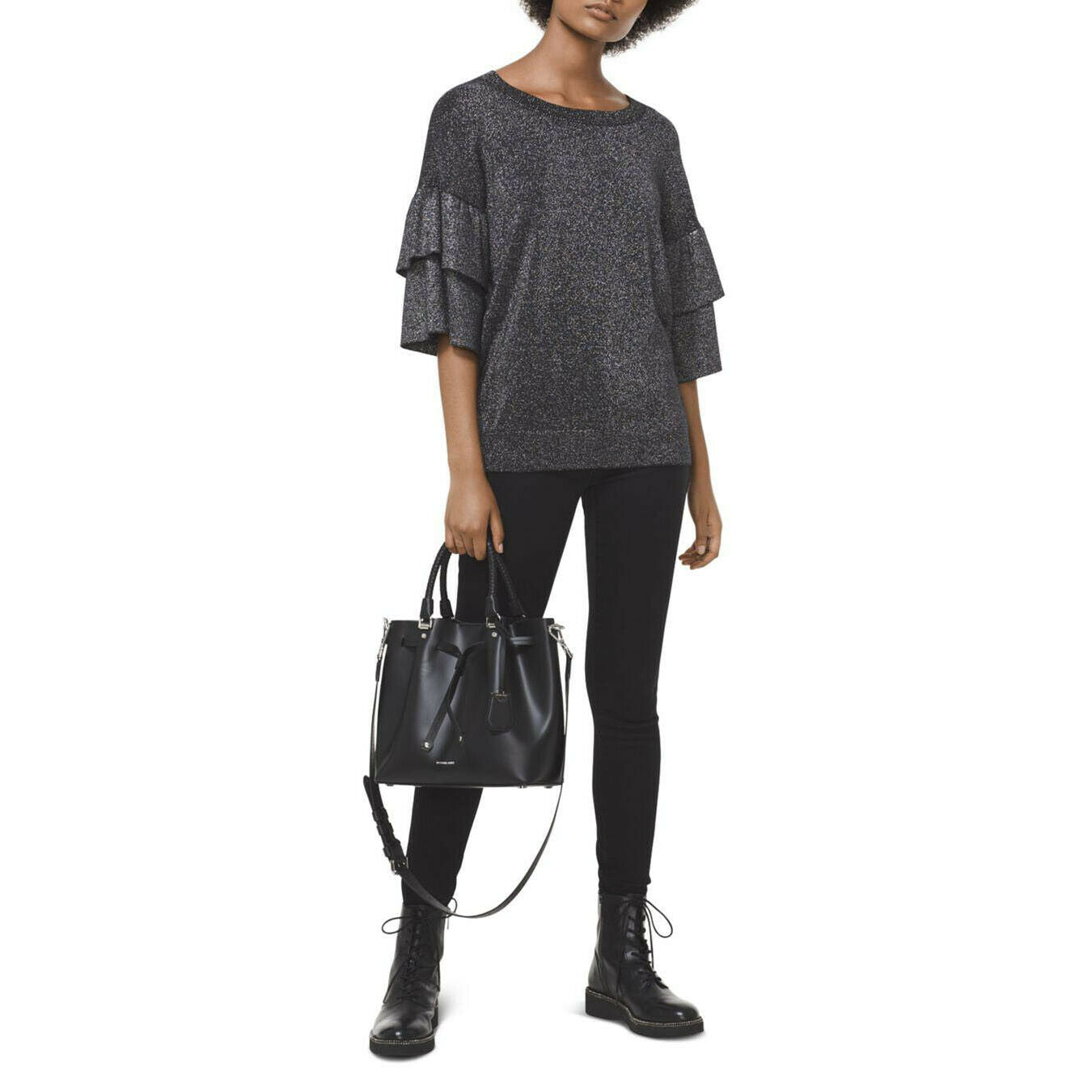 Michael Kors Silver Black Glitter Metallic Ruffle Sleeve Knit Blouse Top S NWT