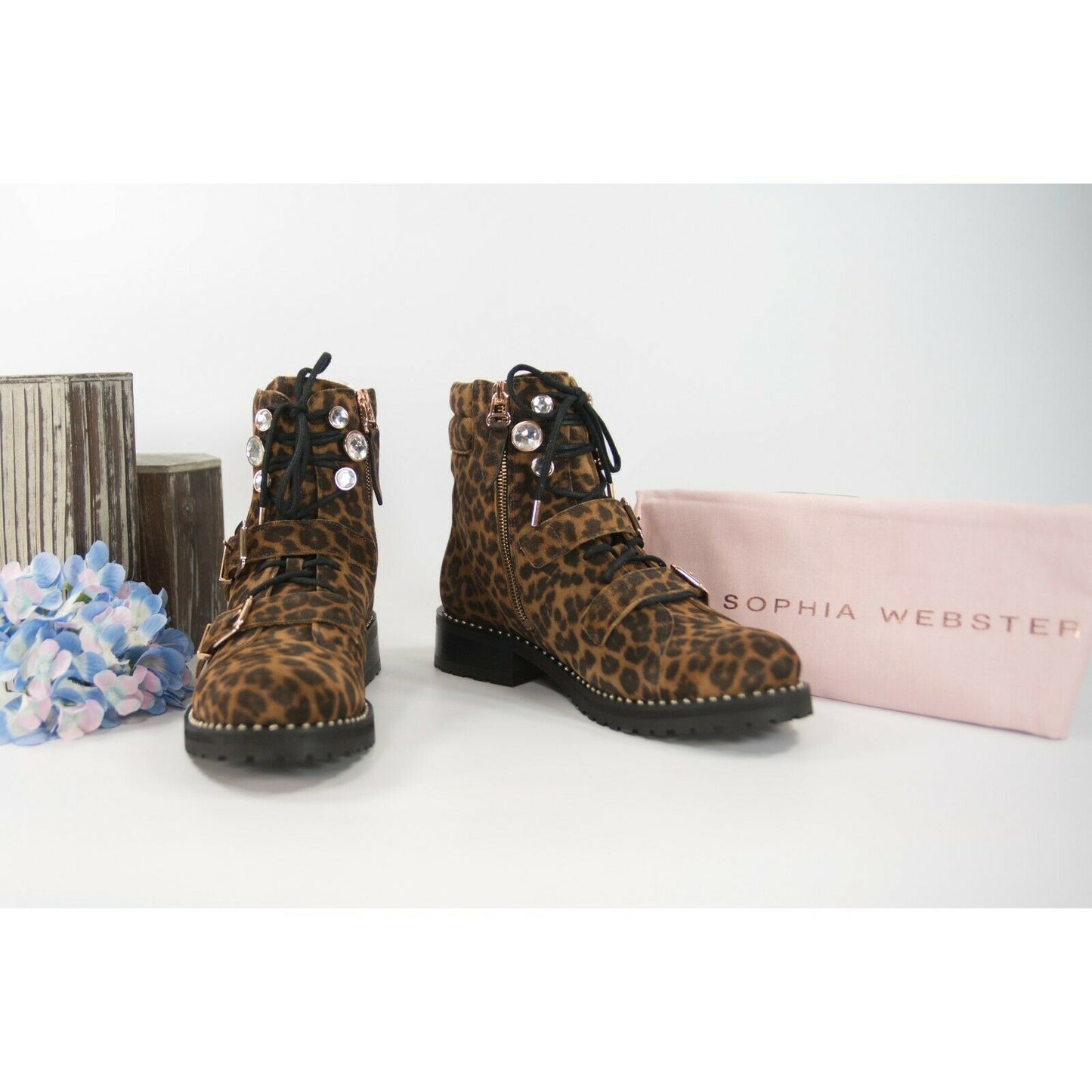Sophia Webster Ziggy Leopard Suede Crystal Lug Sole Hiking Boots Size 37 NIB