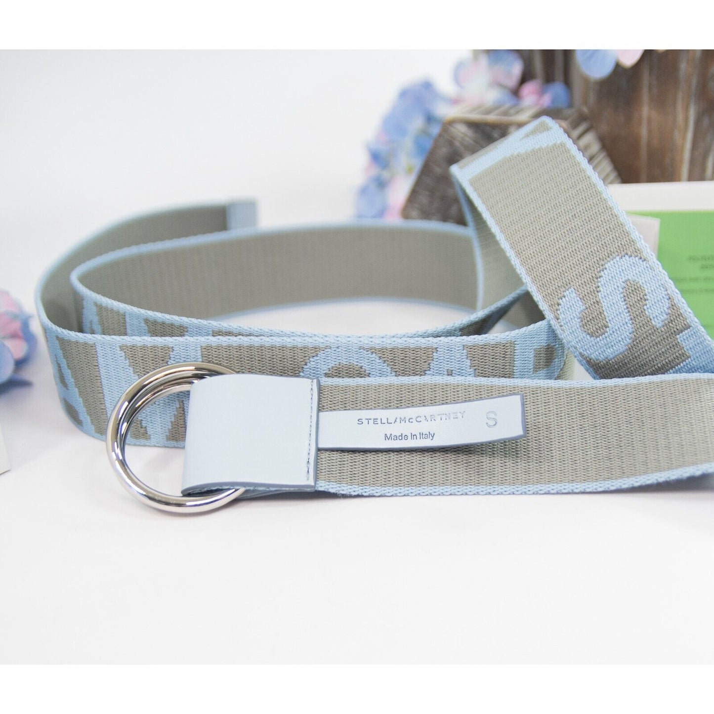Stella McCartney Light Grey Azure Webbed 1.5 inch Logo Jacquard Belt S NWT