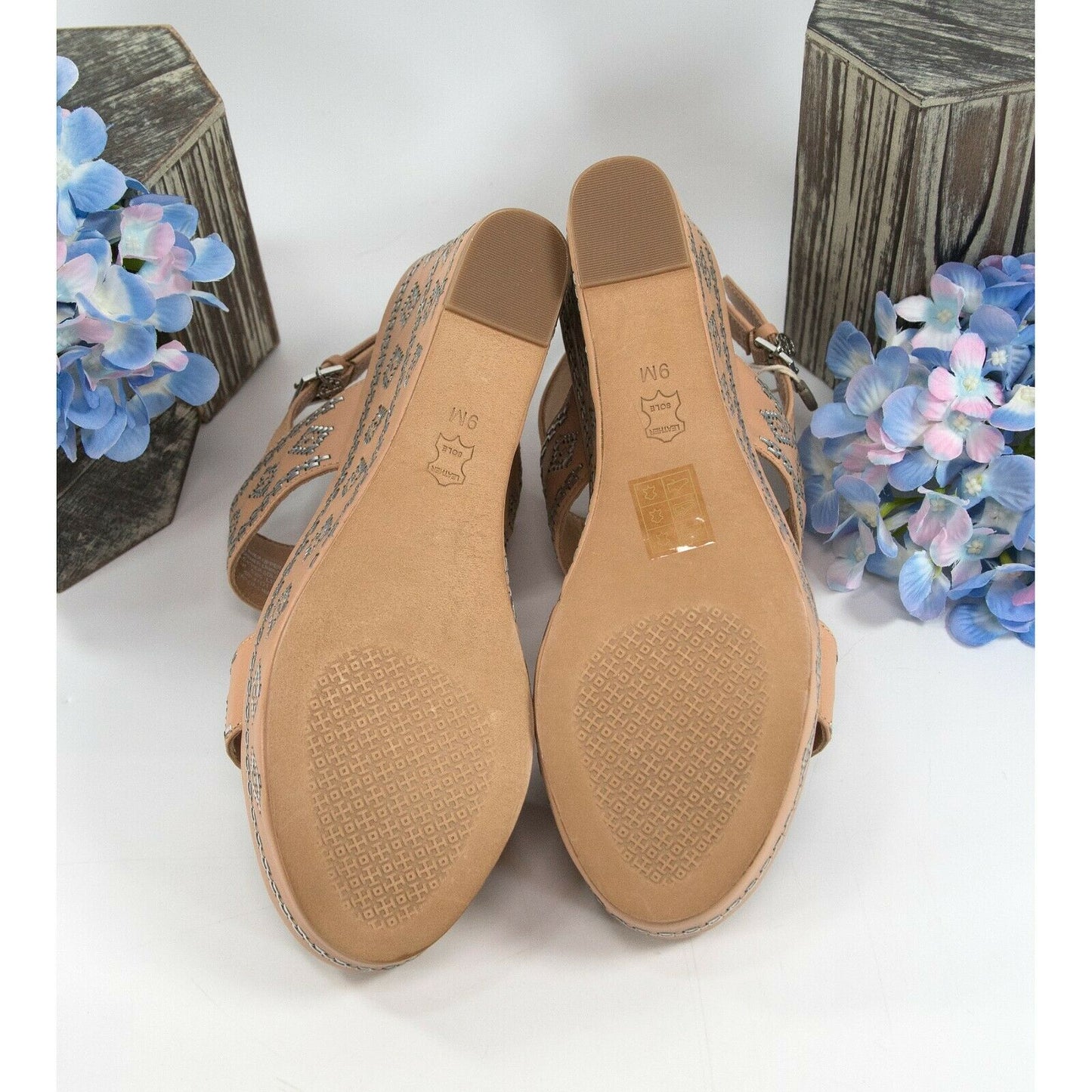 Tory Burch 80MM Natural Vachetta Leather Silver Woven Ankle Strap Wedge Heels 9