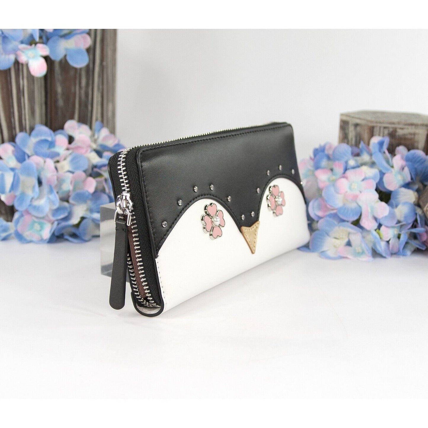 Kate Spade Black Leather Frosty Penguin Large Zip Around Lacey Wallet NWT