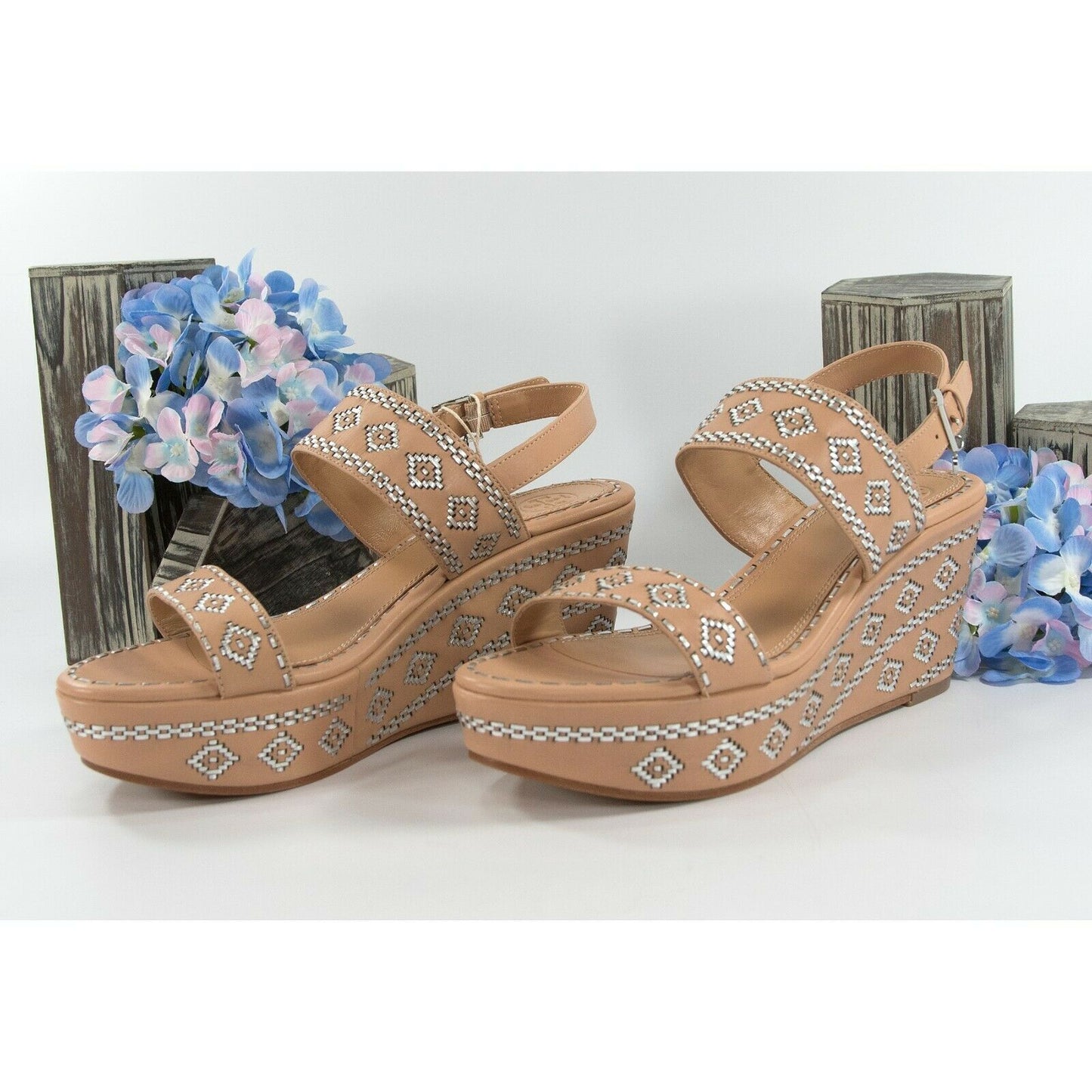 Tory Burch 80MM Natural Vachetta Leather Silver Woven Ankle Strap Wedge Heels 9
