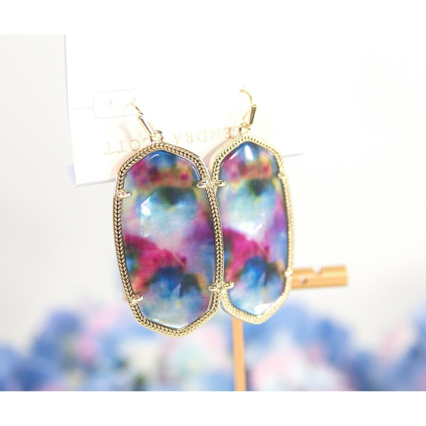 Kendra Scott Danielle Gold Teal Tie Dye Glass Large Statement Earrings NWT