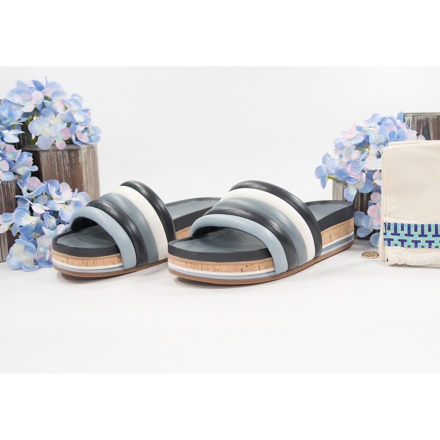 Tory Burch Perfect Navy Light Blue Nappa Quilted Leather Platform Slide 9 NIB