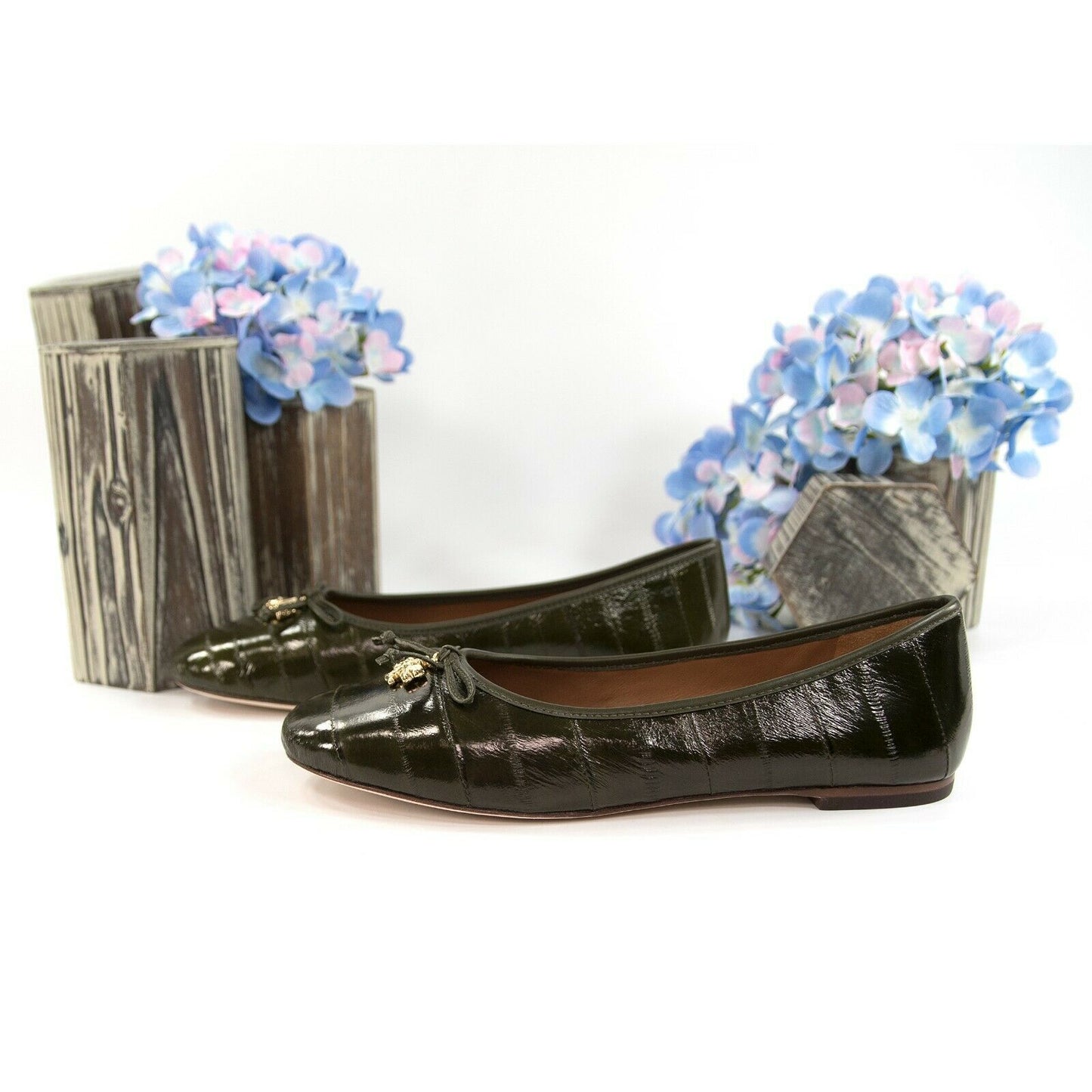 Tory Burch Olive Eelskin Tory Charm Ballet Flats 7 NIB