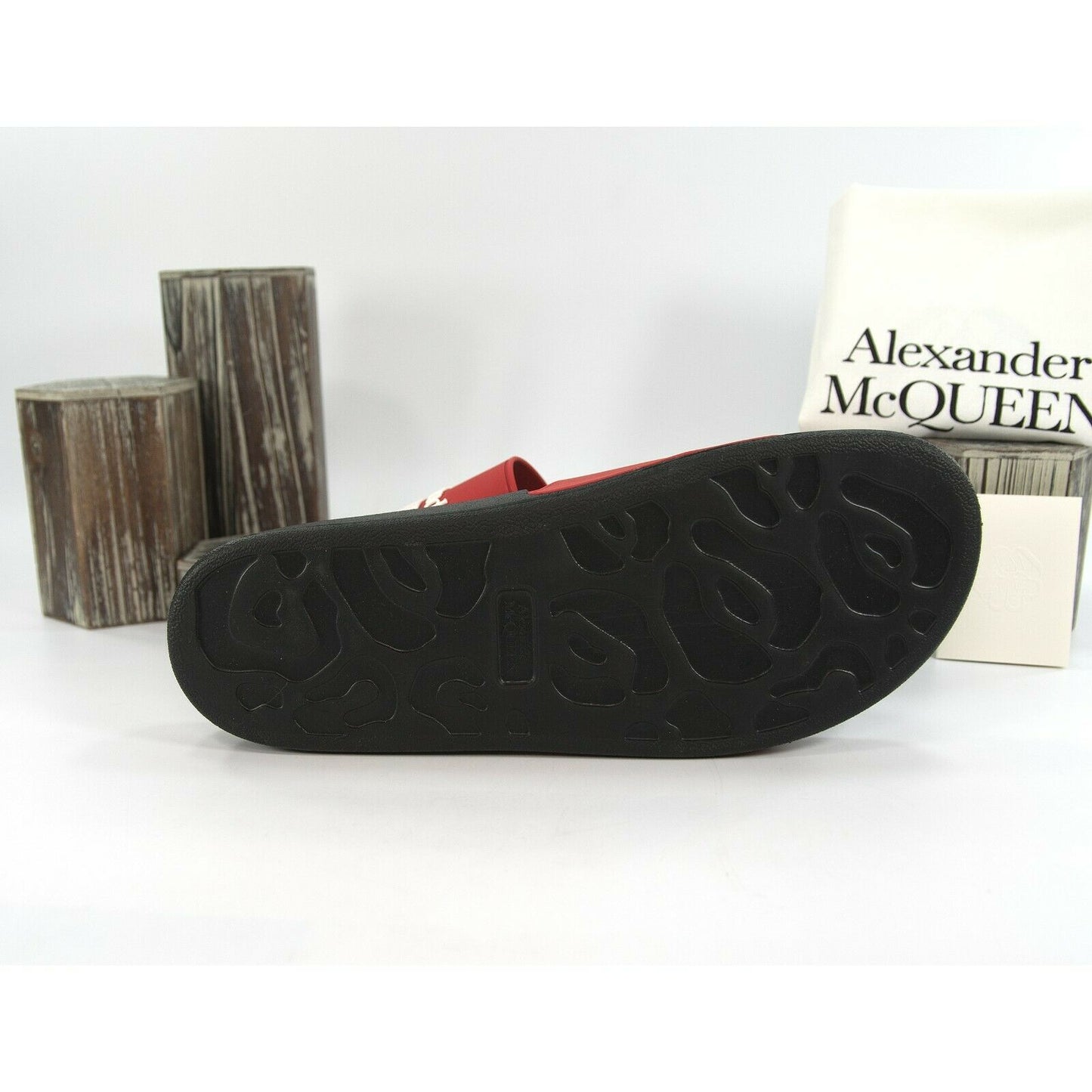 Alexander McQueen Mens Lust Red Black Debossed Logo Rubber Pool Slides 45 12 NIB