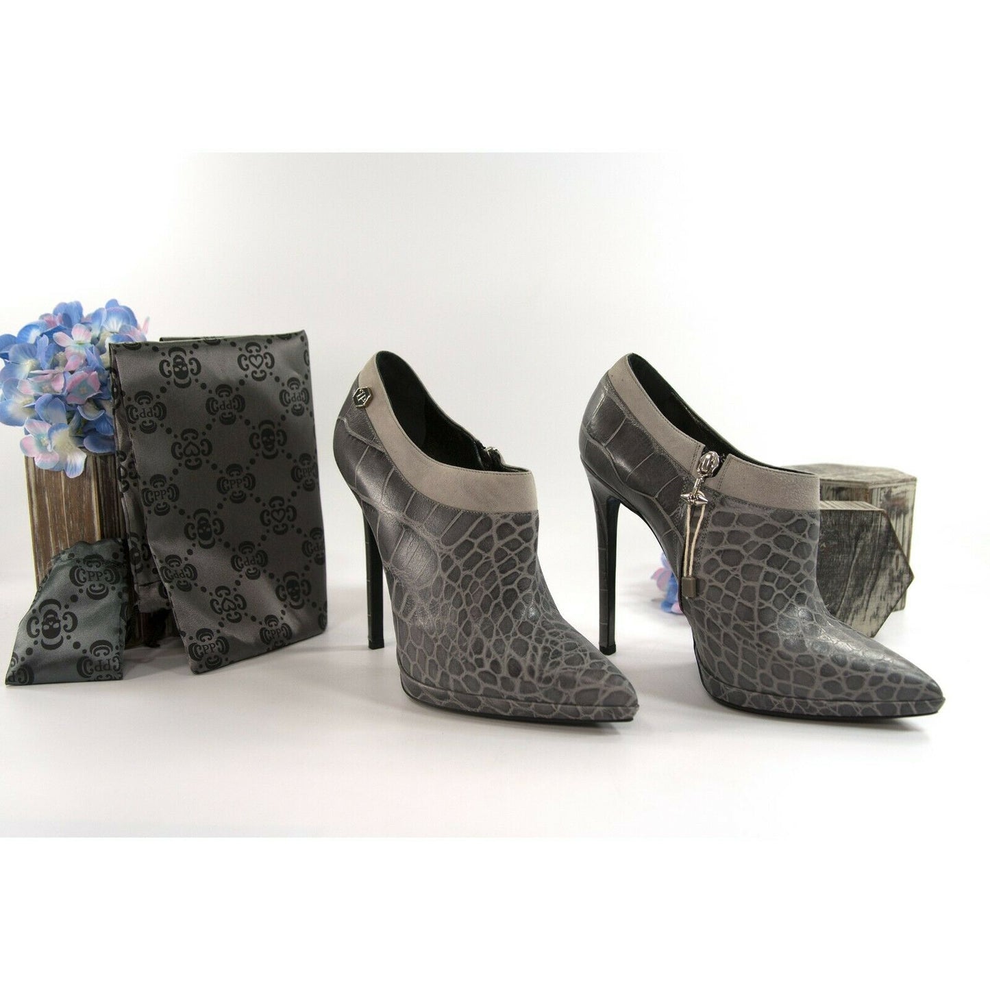 Philipp Plein Limited Edition Grey Reptilia Croc Leather Bootie Heels 39.5 NIB