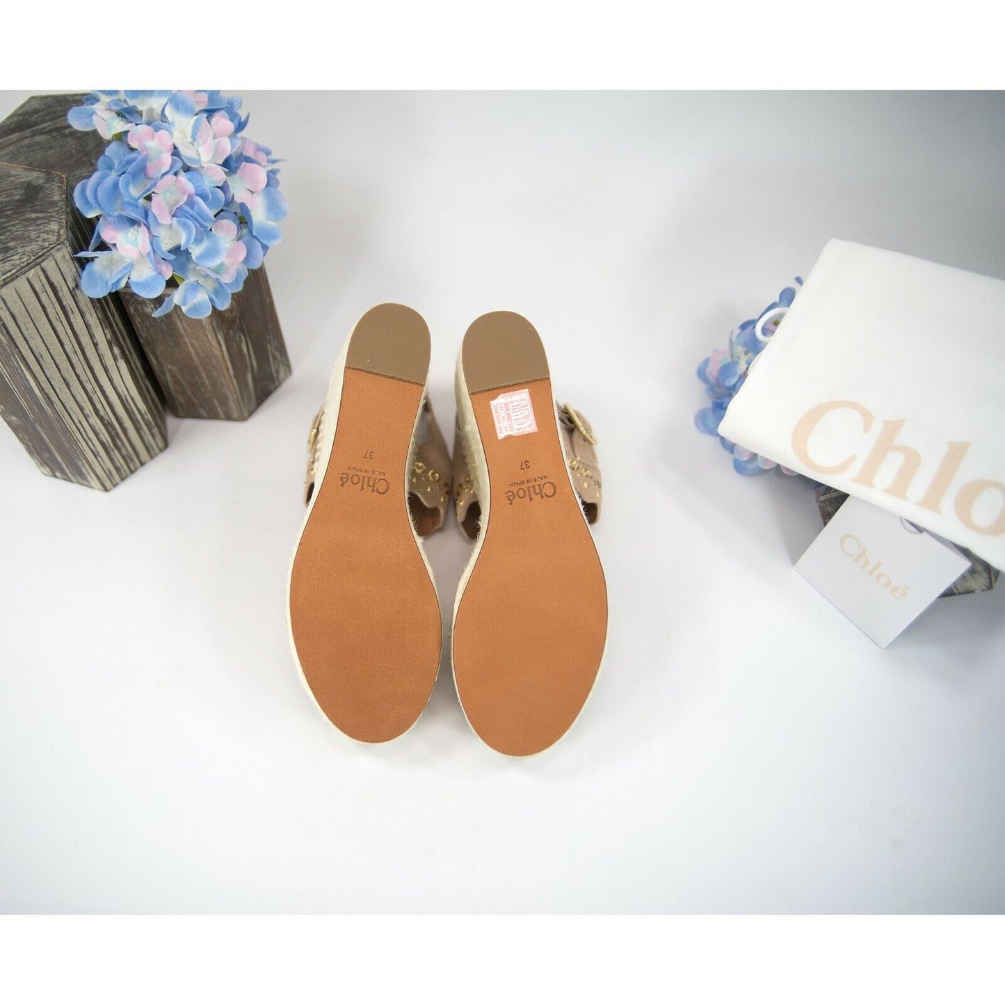 Chloe Lauren Studded Grommet Suede Espadrille Wedge Heels Sandals Size 37 NIB