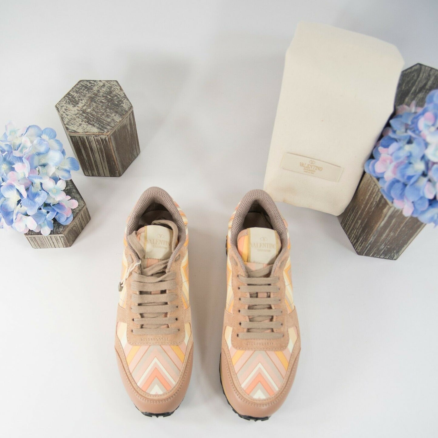 Valentino Orange Rockstud Nylon Suede Leather Diamond Trainer Sneaker 36 6 NIB