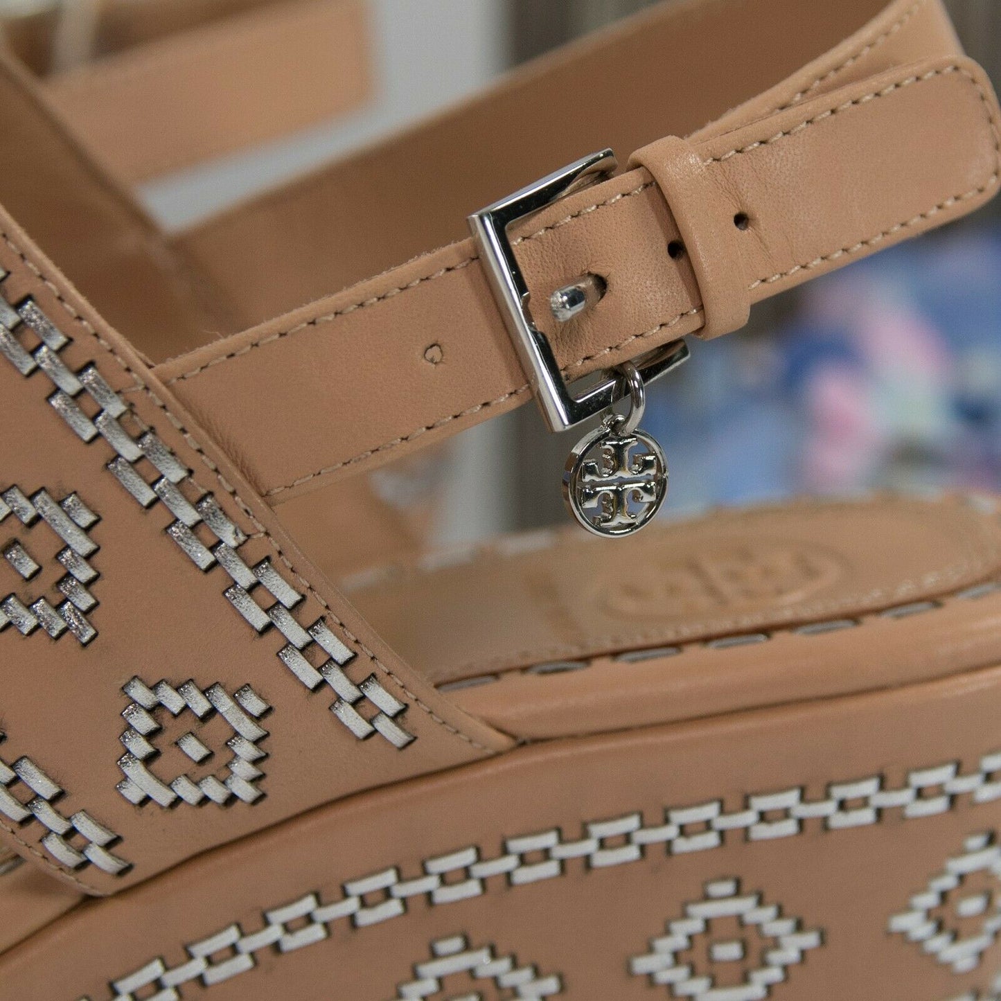 Tory Burch 80MM Natural Vachetta Leather Silver Woven Ankle Strap Wedge Heels 9