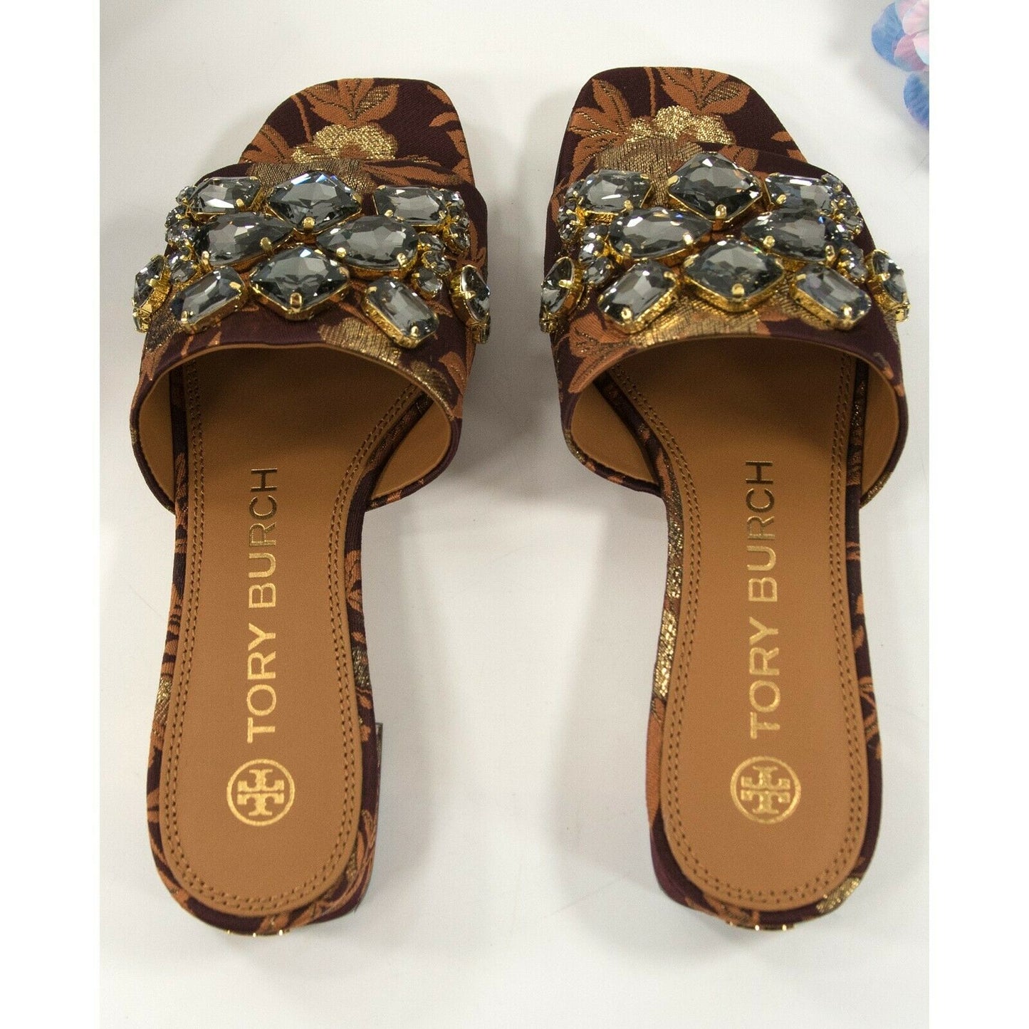 Tory Burch Martine Burgundy Gold Floral Jacquard Jeweled Flats Slides Sz 6 NIB
