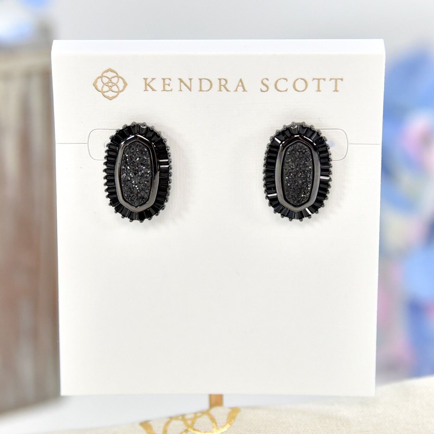 Kendra Scott Black Drusy Ellie Baguette Gunmetal Statement Stud Earrings NWT