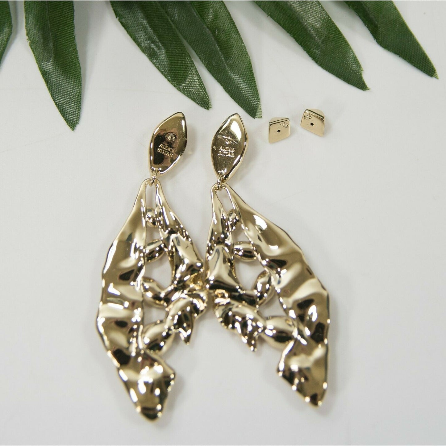 Alexis Bittar Stone Studded Crumpled Metal 14k Gold Plated Navette Earrings NWT