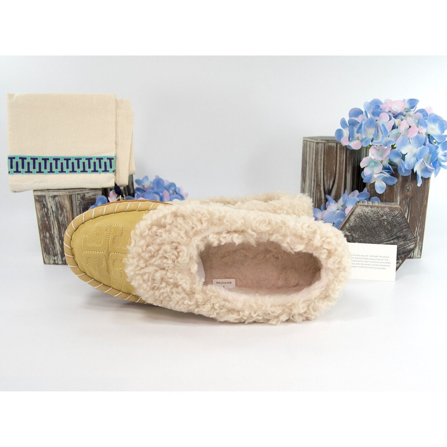 Tory Burch Cornbread Deer Leather Shearling Oversized Slipper Sz 7 NIB
