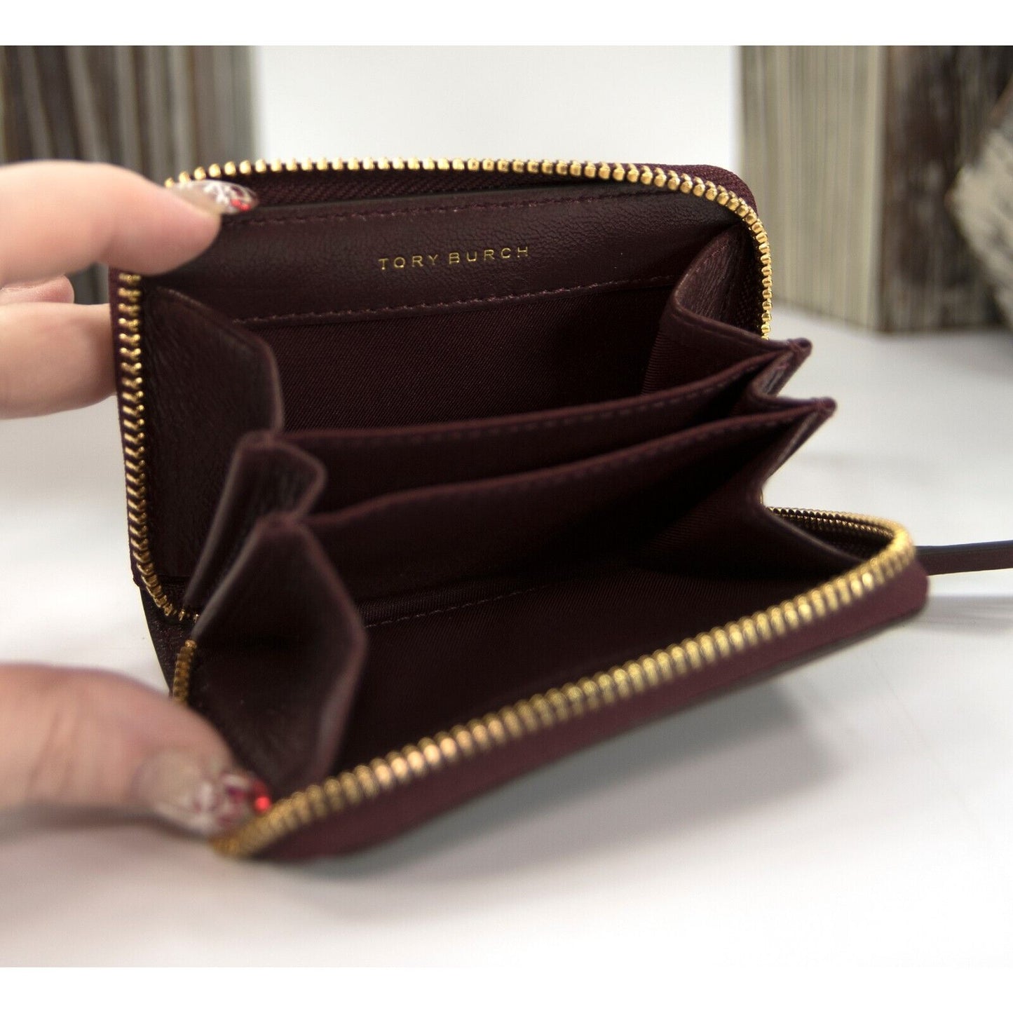 Tory Burch Nebbiolo Soft Waxed Leather Mini Compact Zip Around Wallet NWT