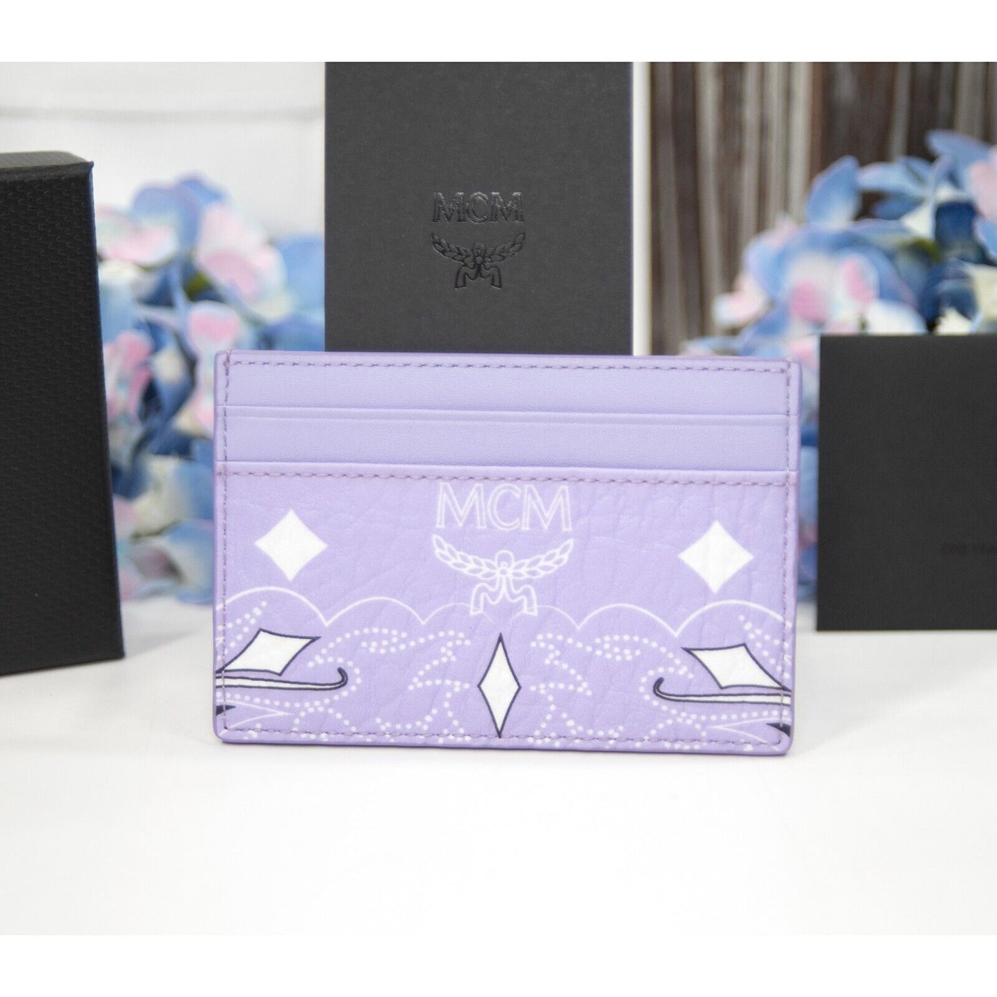 MCM Purple Rose Bandana Stud Visetos Leather Card Case Holder NWT