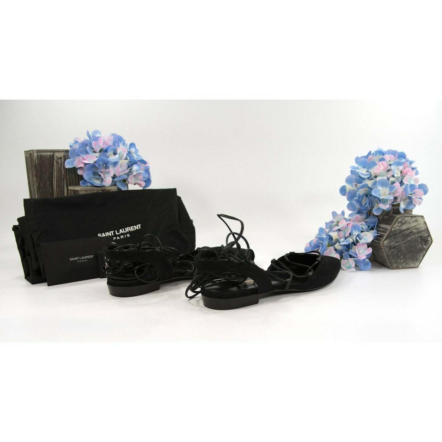 Saint Laurent Black Suede Leather Ankle Lace Flats Size 36 NIB