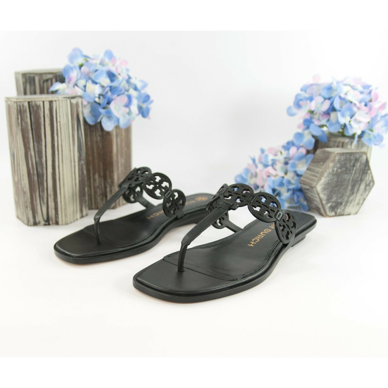 Tory Burch Black Leather Tiny Miller Thong Sandals Size 7 NIB