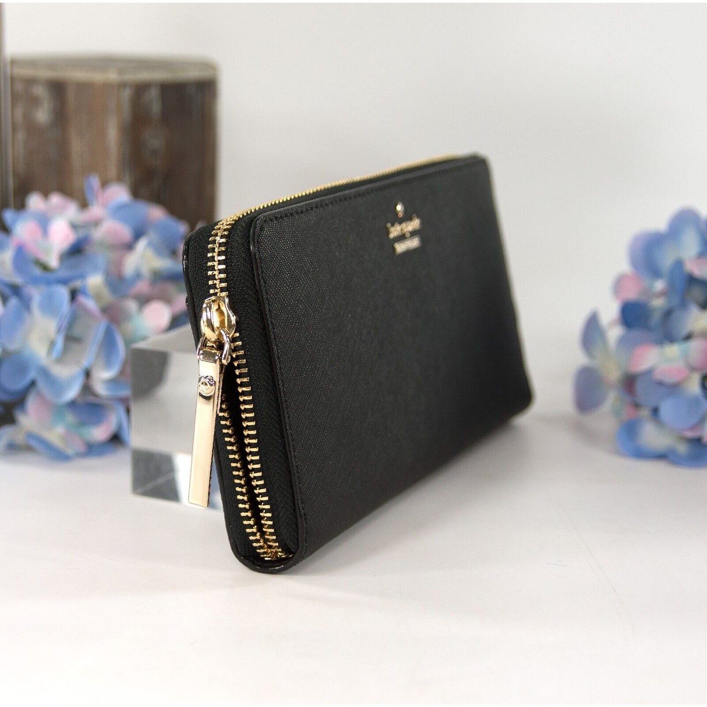 Kate Spade Black Leather Cameron Street Zip Around Lacey Wallet NWT