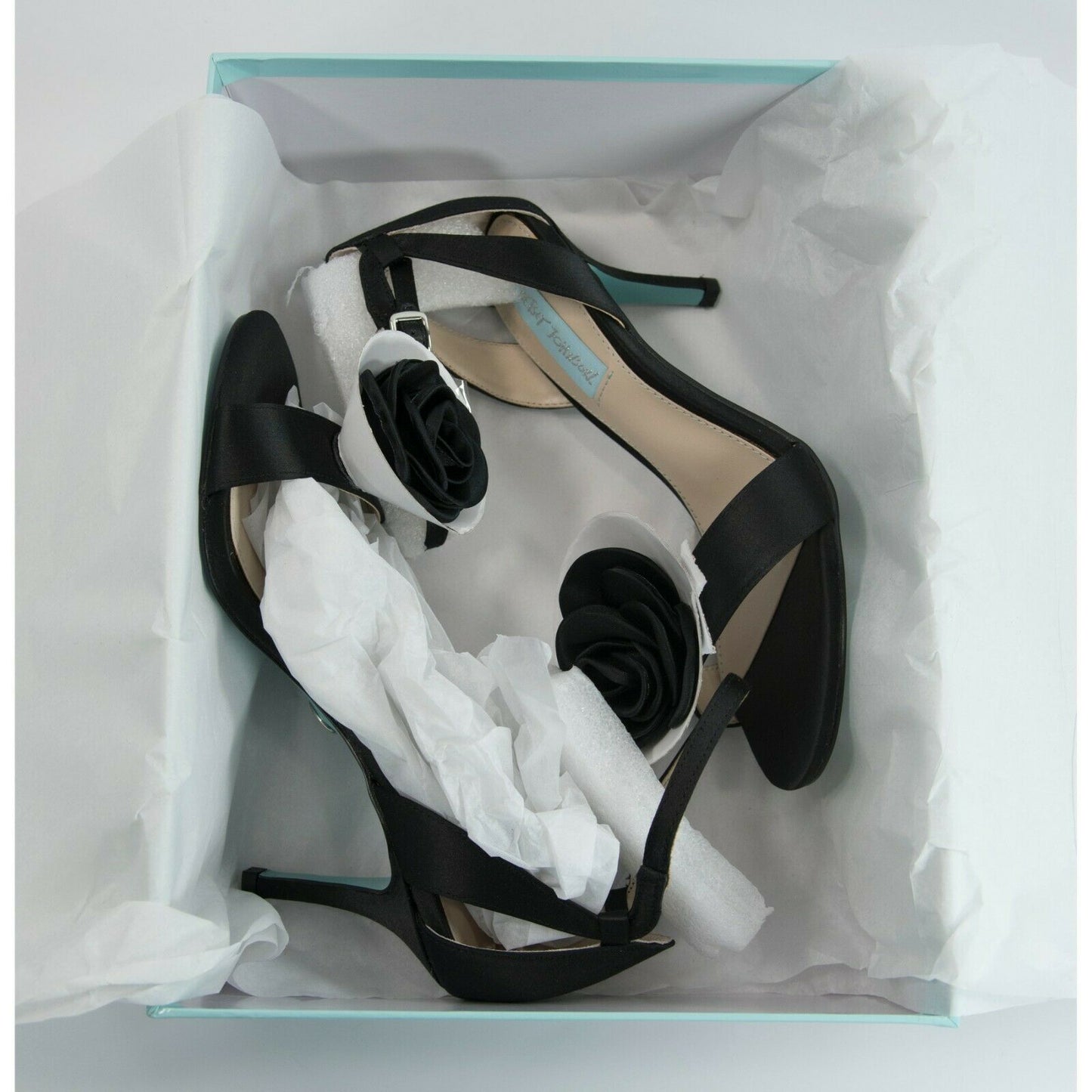 Betsey Johnson Maddi Black Satin Chiffon Flower Open Toe Kitten Heels 6.5 NIB